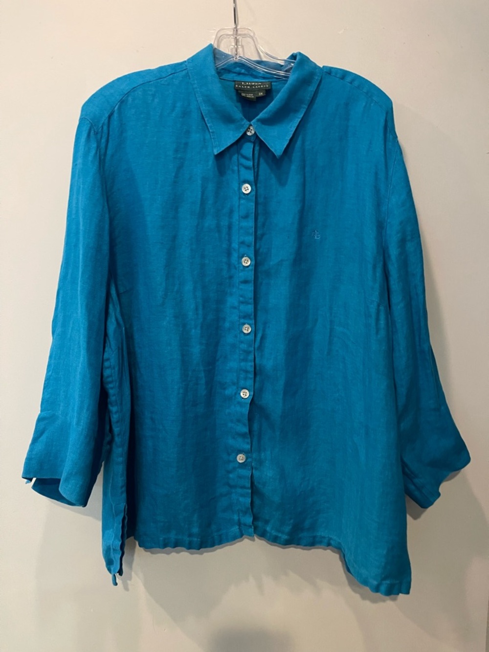 Lauren Ralph Lauren 3X Blue Turquoise 100% Linen Button Down Shirt EUC RL Logo